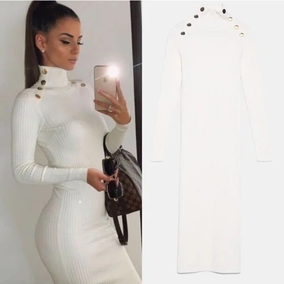 Zara Dresses & Skirts - Zara Ivory Ribbed Mock Neckline Gold Button Sweater Midi Dress